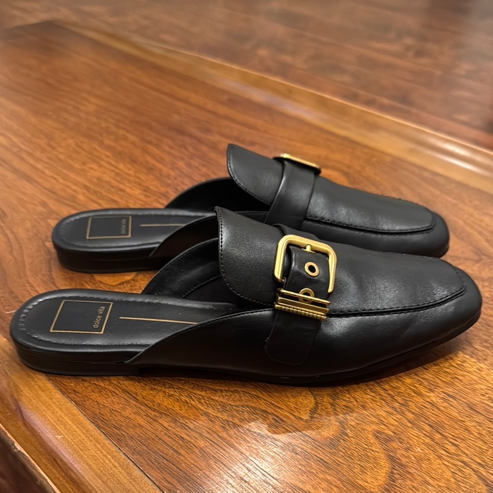 Black Leather Mules with Gold Buckle